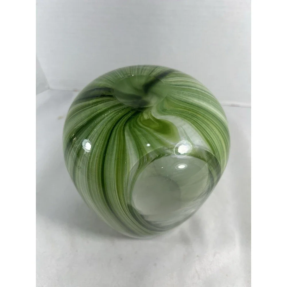 Hand Blown Art Glass Candle Holder Green White Swirl Gold Glitter 7” Tealight